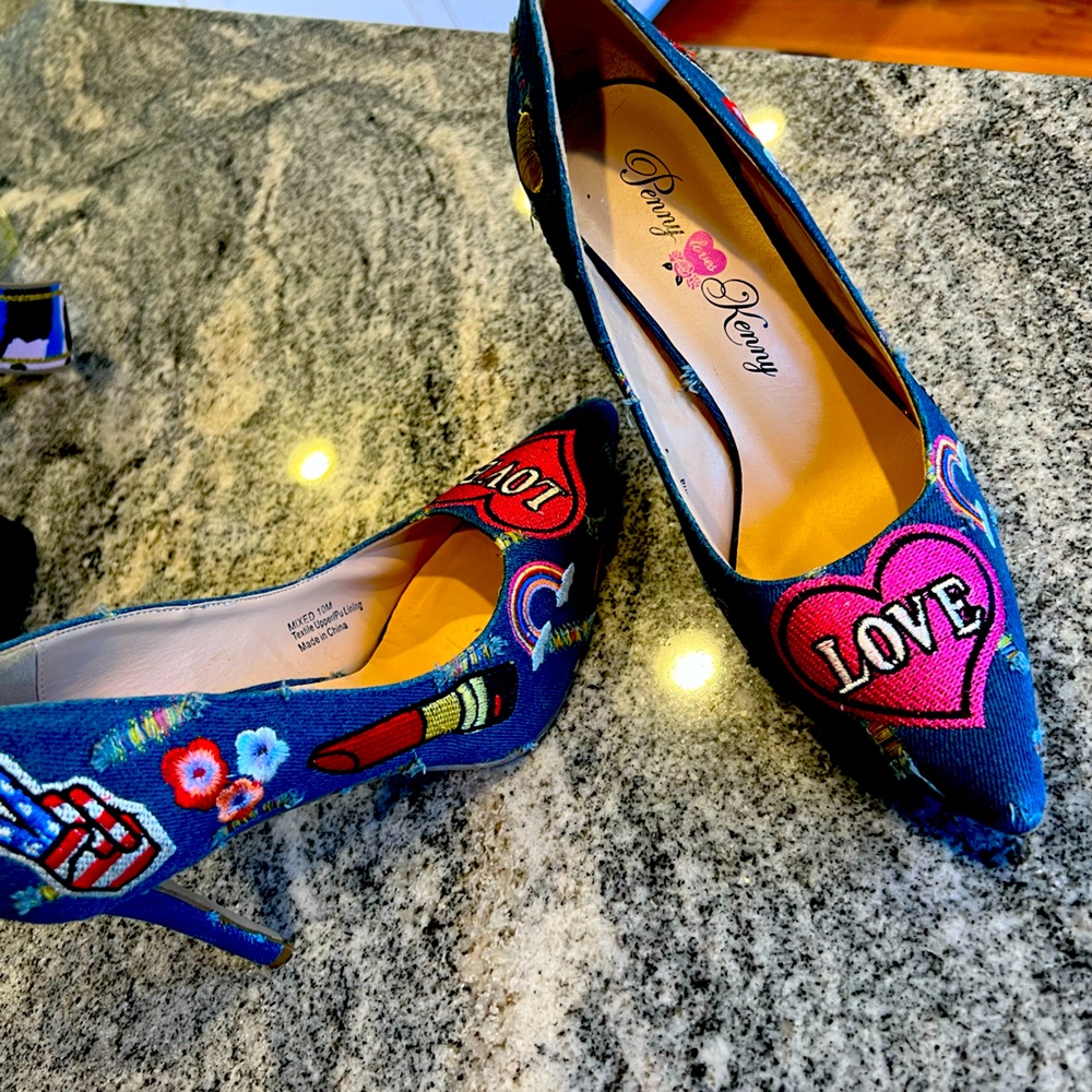 Denim patchwork heels